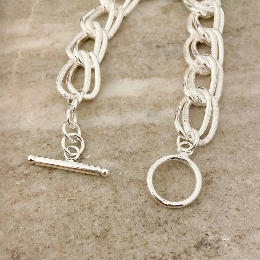 925 Sterling Silver Chunky Chain Link Toggle Bracelet Silver Statement Bracelet - Picture 7 of 8